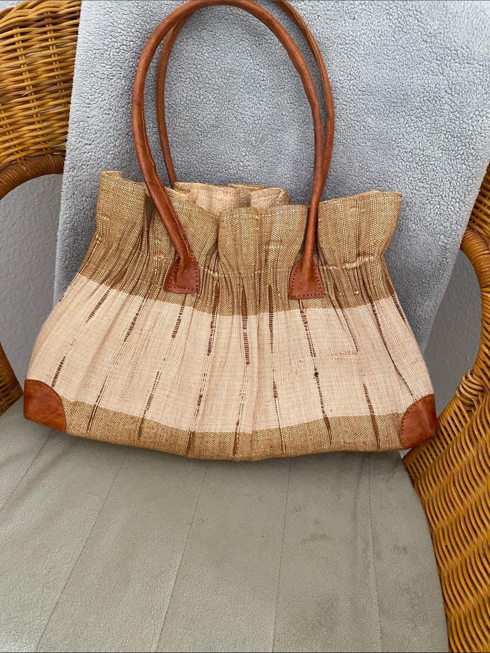 Natural Straw and Leather Tote Bag in Beige and Brown
